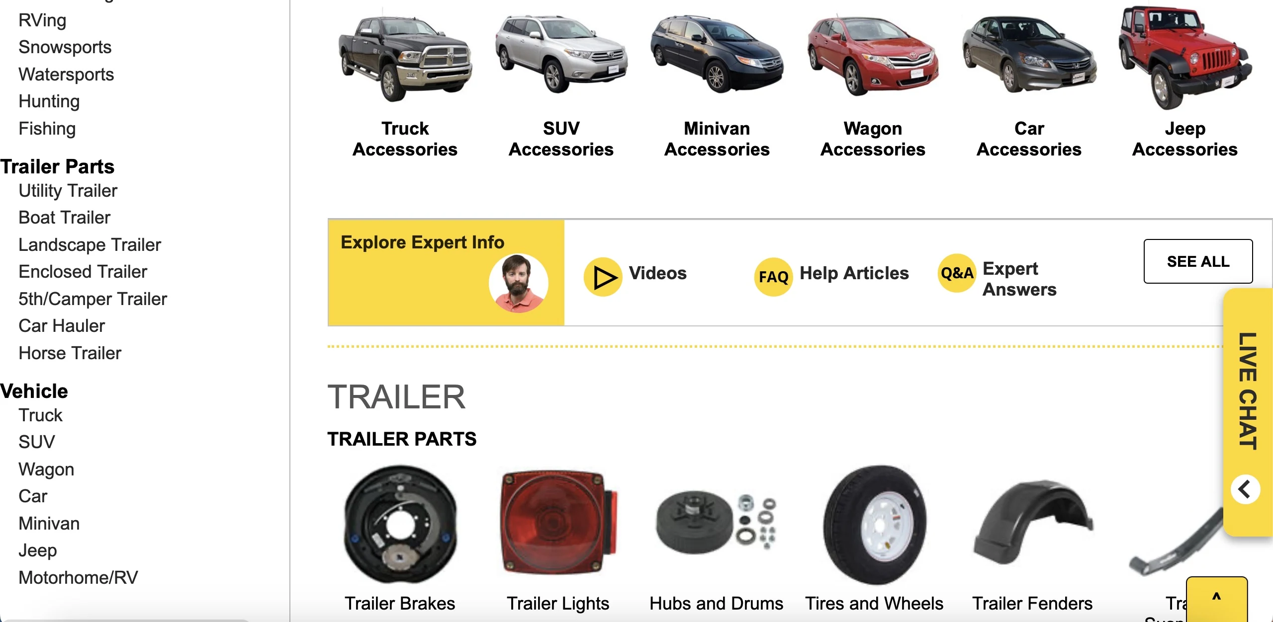 The "parts" page on etrailer's website