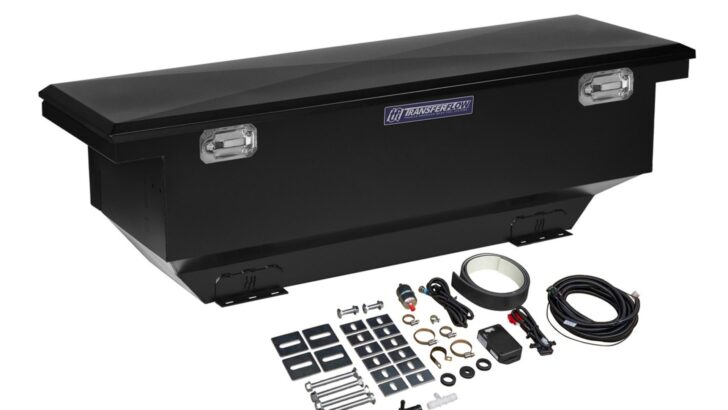 A Transfer Flow brand combination auxiliary fuel tank and toolbox with installation components
