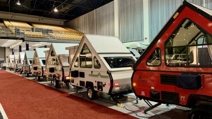 A-frame campers on display at the Tampa RV Show