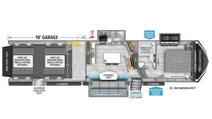 The floor plan of a fifth-wheel toy hauler