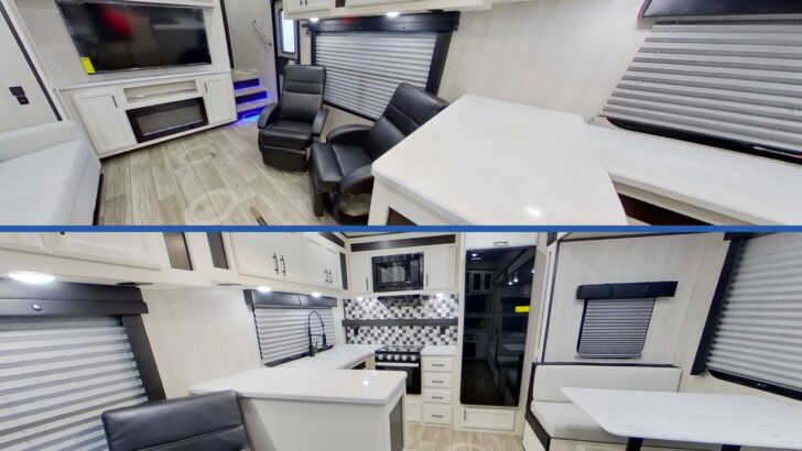 A split screen showing a virtual look at the interior of a Seabreeze 315RKS by Genesis Supreme RV.