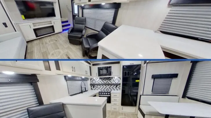 A split screen showing a virtual look at the interior of a Seabreeze 315RKS by Genesis Supreme RV.
