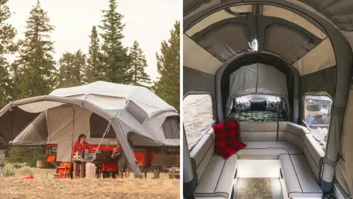 Split-screen of exterior (left) and interior (right) of an OP4 from Opus Camper. 