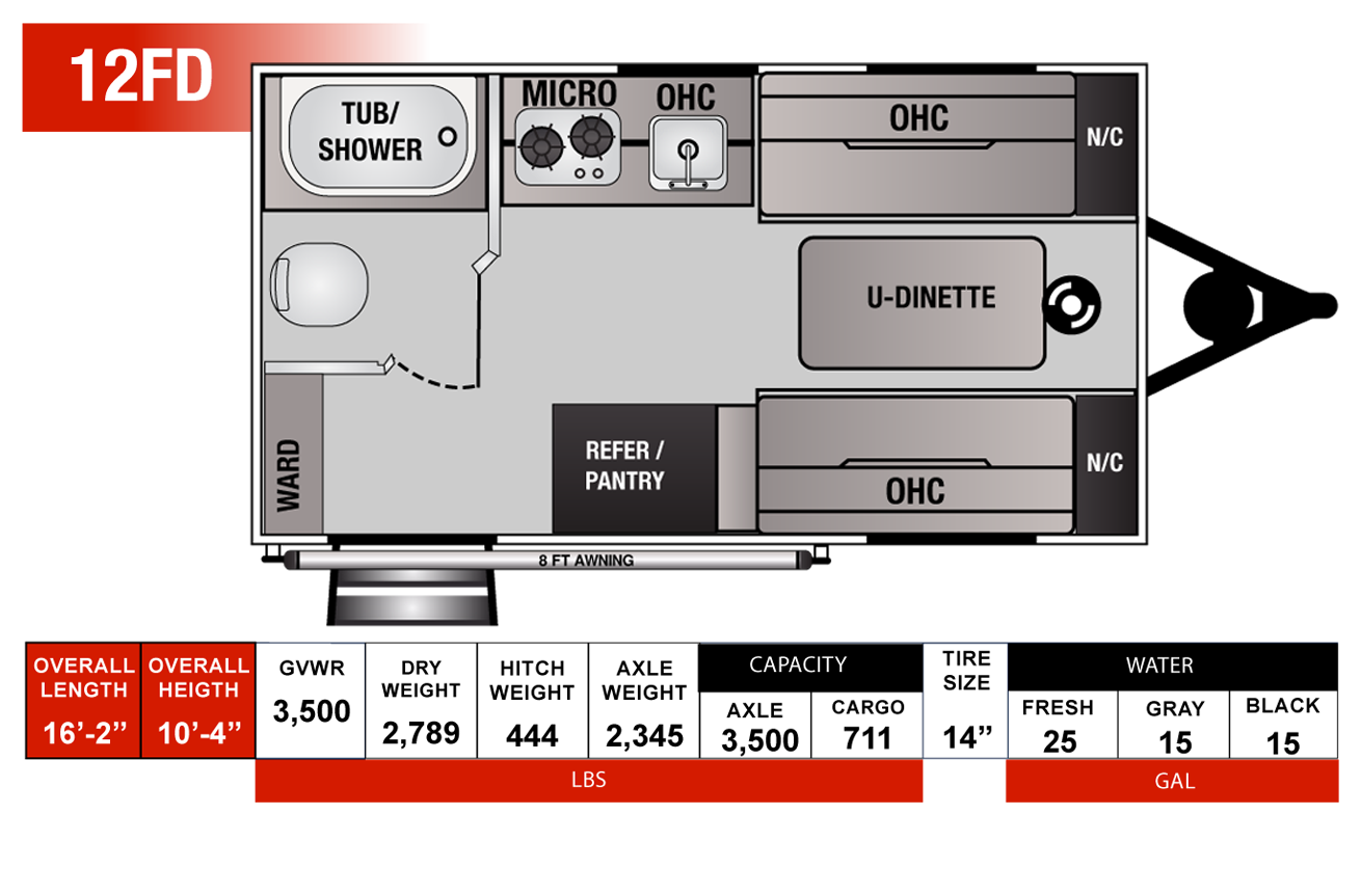 The floorplan of a Seabreeze 12FD travel trailer from Genesis Supreme RV.