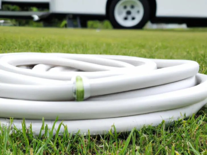 White RV drinking water hose coiled on the grass. Many of the best RV drinking water hose choices are white or blue.