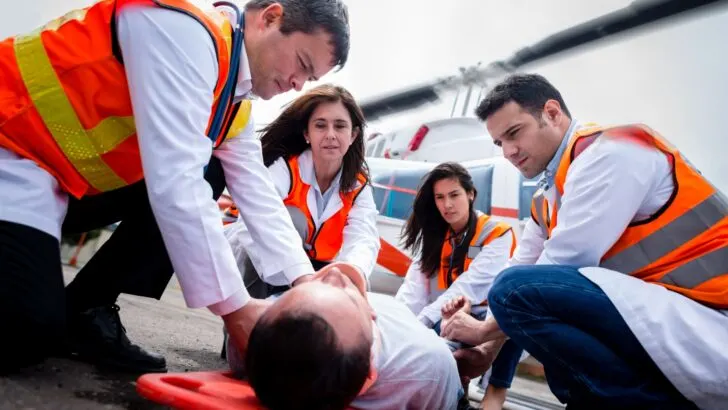 A medical evacuation team working on a patient. Health-related services are included in FMCA membership.