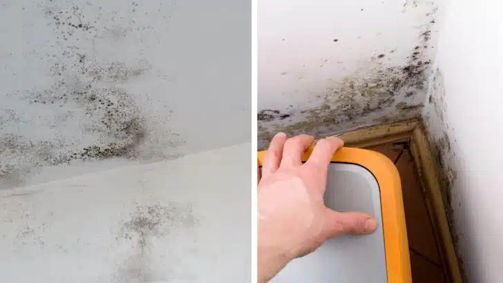 Split screen showing ceiling/wall mold on the left and mold on walls near the floor on the right