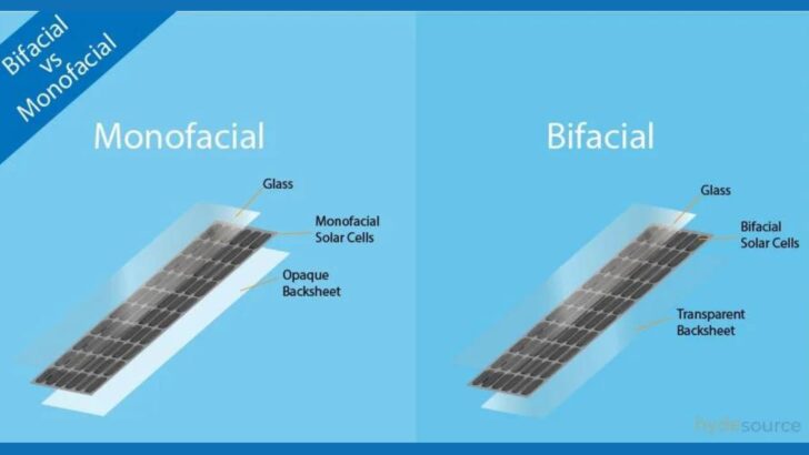 An illustration showing the construction of a monofacial vs a bifacial solar panel