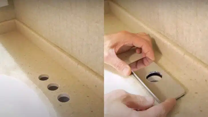 Split screen showing three holes on the left and a single hole via gasket/decorative plate on the right.