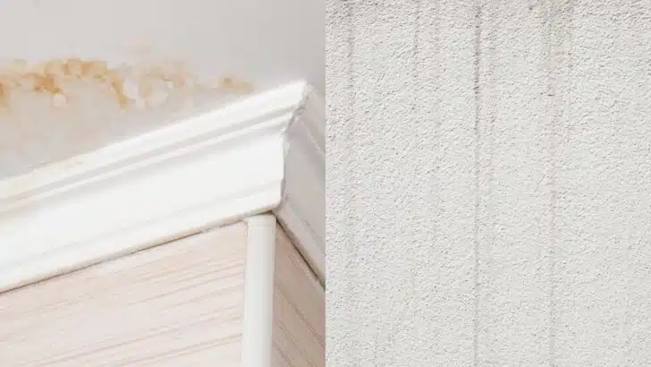 A split screen with ceiling water stains on the left and streaking on the right