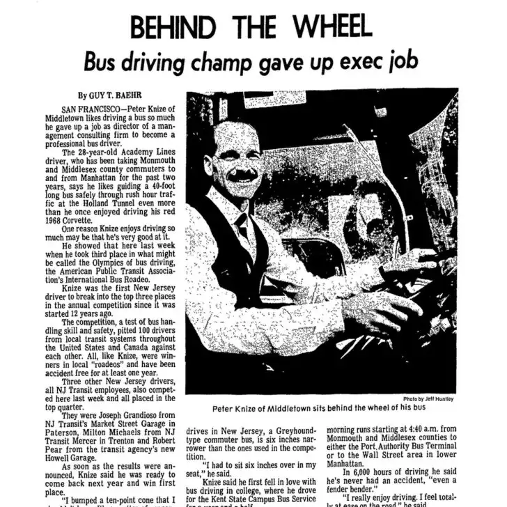 Article about Peter Knize in the APTA Bus Roadeo driving competition. Avoiding RV crashes comes easy for him!