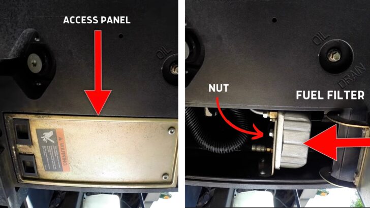 Split screen showing the access panel under the generator on the left and the location of the fuel filter and the nut to remove it on the right.