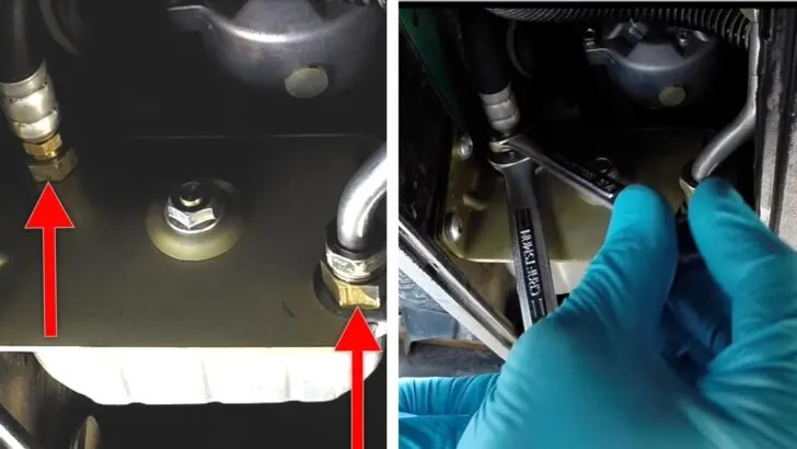 Split screen showing fuel lines on the left and the disconnection process on the right