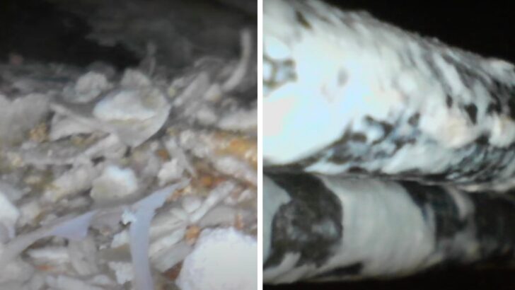 A split screen showing remaining limescale in the bottom of the water heater tank on the left and on the heating element on the right.