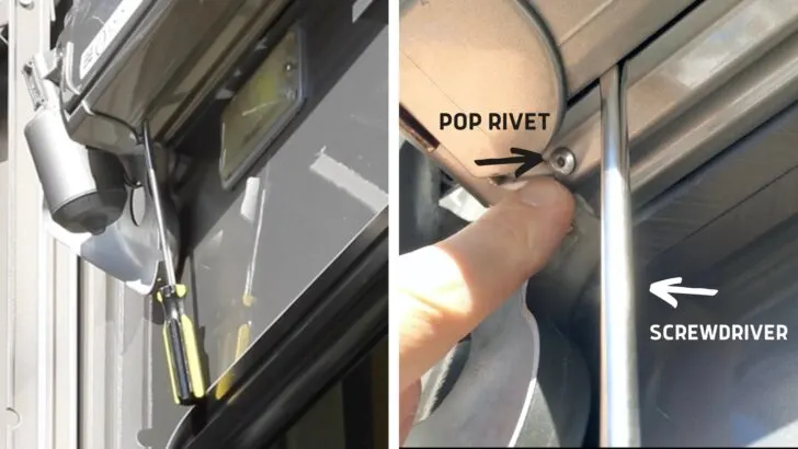 Pop rivet accessed and shown during a Dometic Oasis Elite door awning motor repair/replacement.