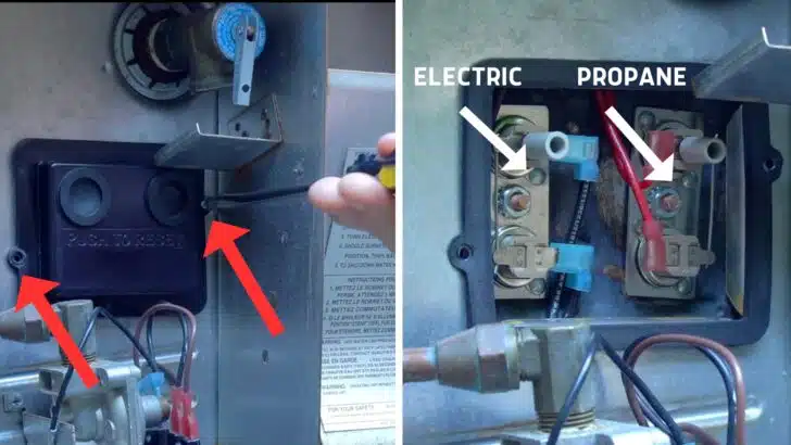 A split screen showing the cover of the thermostats on the left, and the two thermostats exposed on the right.
