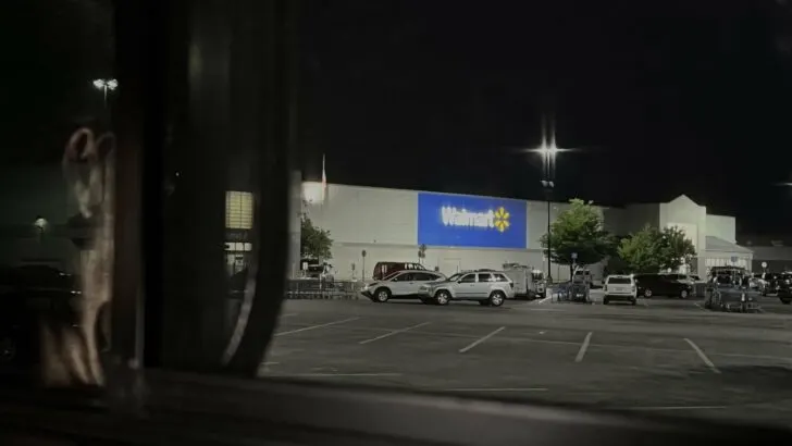 A view from our motorhome parked in a Walmart parking lot overnight