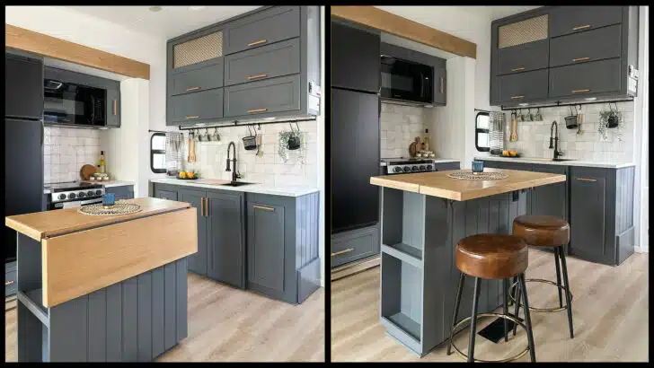 RV kitchen island showing an extension down and extended.