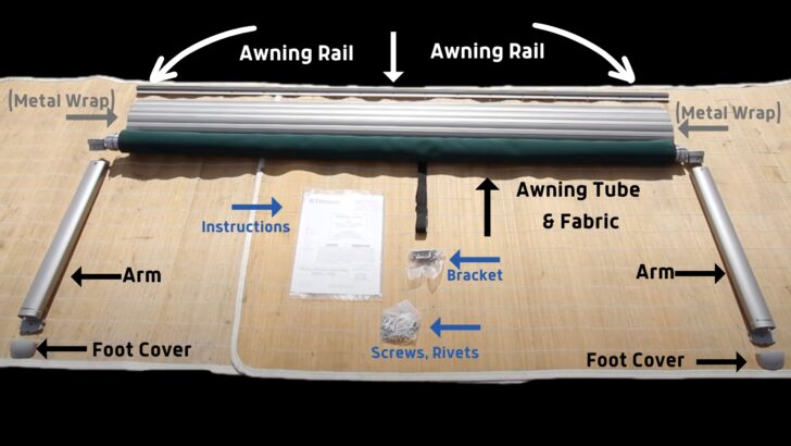 New awning parts laid out and described for installing RV window awnings.