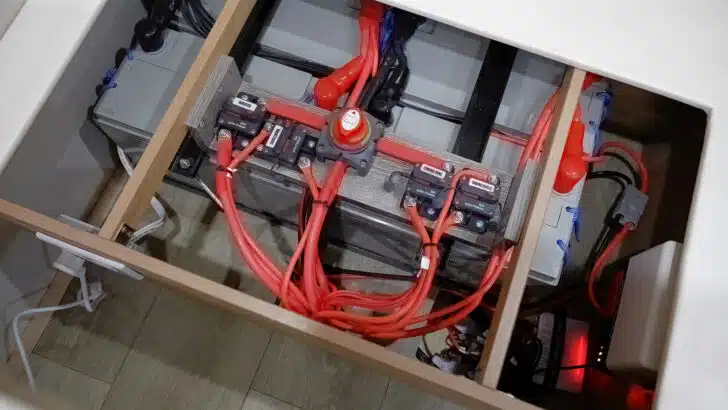 A photo of the HQ19's four 100Ah AGM batteries, wired.