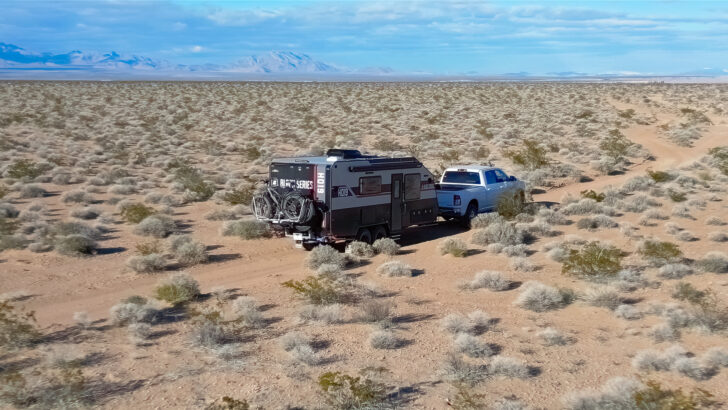 The HQ19 being towed along Moapa Valley Plateau in Nevada.