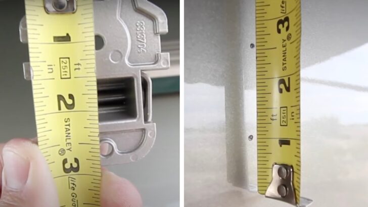 A tape measure showing and marking the upper foot bracket holes for installing an RV window awning.