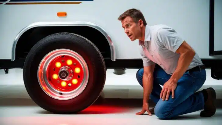 A man inspecting an overheating trailer bearing