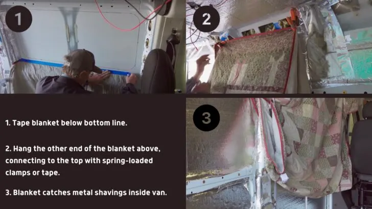 Instructions on how to catch the metal shavings that will fall inside the van when you cut the hole