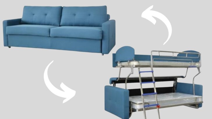 A bunk bed sleeper sofa shown closed and open
