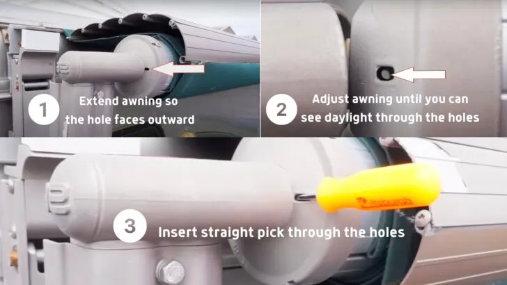 Inserting a straight pick to hold the tube in place is needed when learning how to replace Dometic WeatherPro awning fabric.