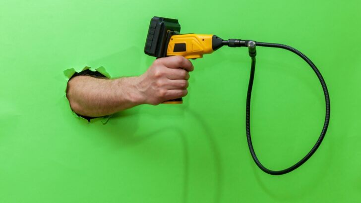 A hand thrust through a wall holding a borescope