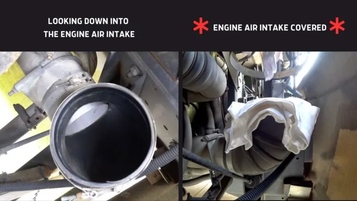 Split screen showing the open engine air intake on the left and the same intake covered 