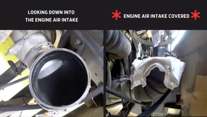 Split screen showing the open engine air intake on the left and the same intake covered 