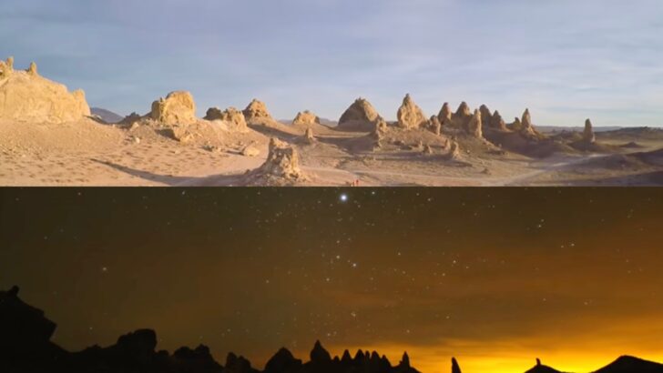 A split screen showing day and night photos of Trona Pinnacles