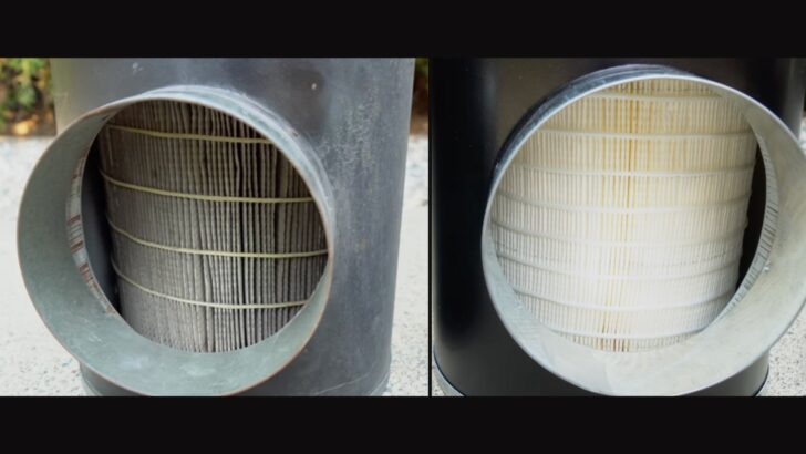 Split screen showing dirty vs clean diesel air filter