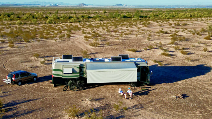 Our motorhome facing East with awnings out to protect from southern sun