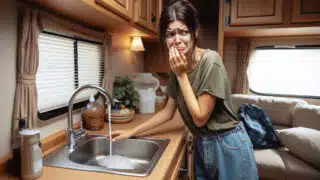 Woman at her RV's kitchen sink running the water that smells like rotten eggs.