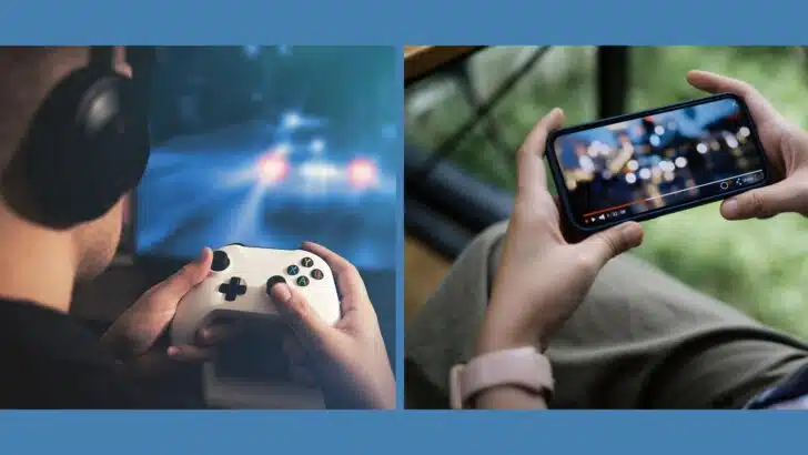 Teens playing a video game and watching TV on a phone