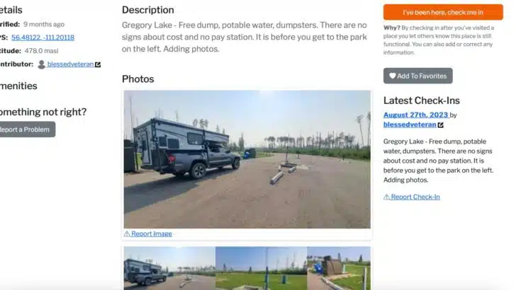 Example of an iOverlander entry offering photos