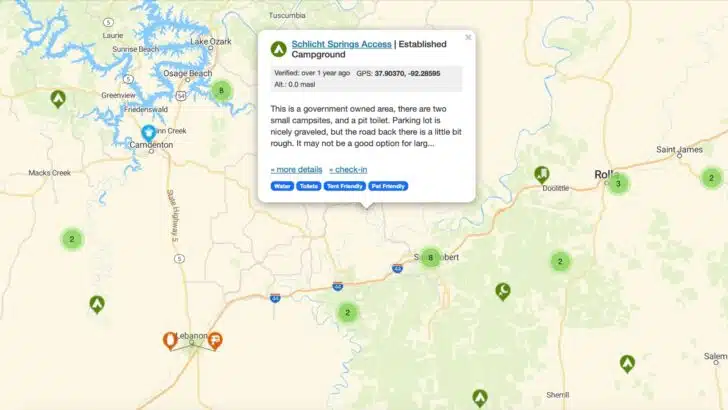 An example of information shown on the iOverlander app