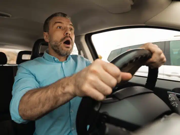 A fearful driver is shown