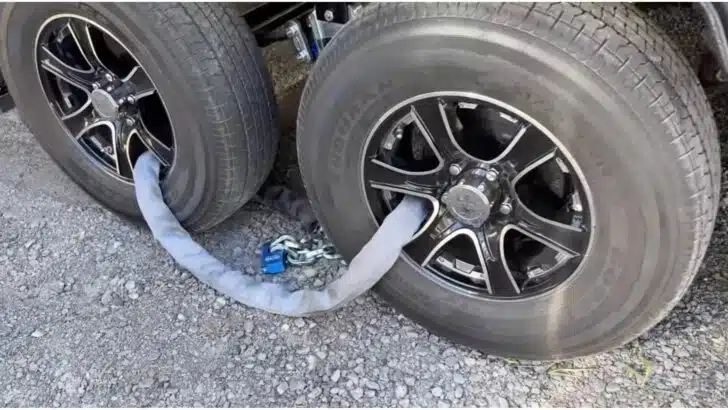 Our hardened chain lock between the wheels