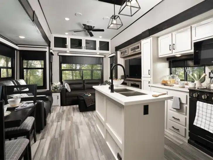 A Jayco Flight Bungalow's full gourmet kitchen with island and multiple windows