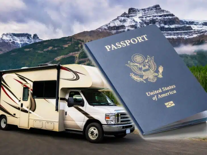 An RV and a U.S. passport are shown