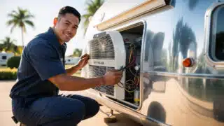 Mobile RV repair tech working on an RV.