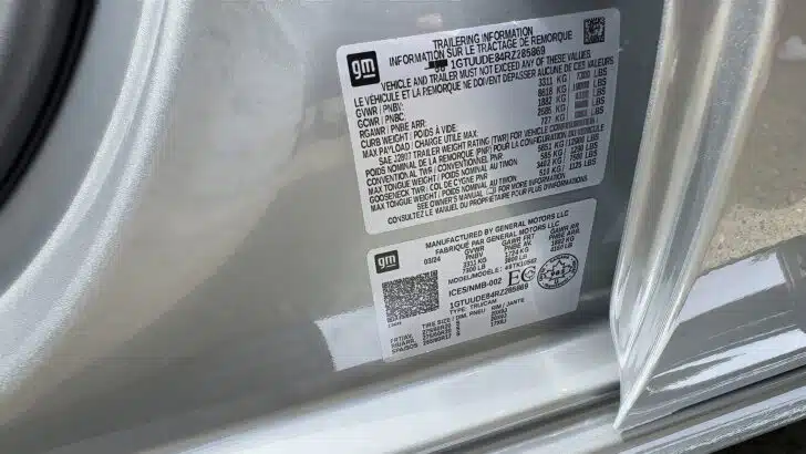 The weight placard on the driver's door jamb on our GMC Sierra