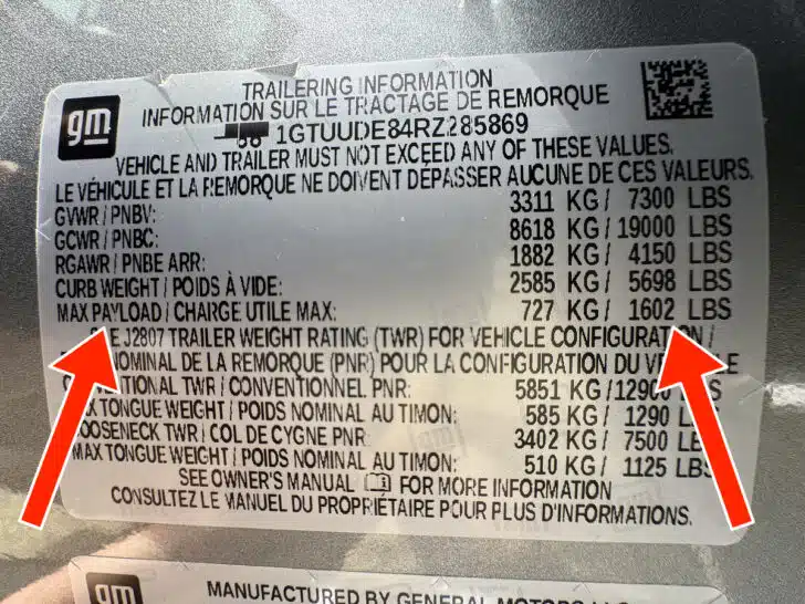 Showing the Maximum Payload Capacity listed on our GMC Sierra's placard