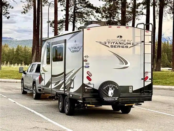 Our truck, towing our trailer, at a rest area