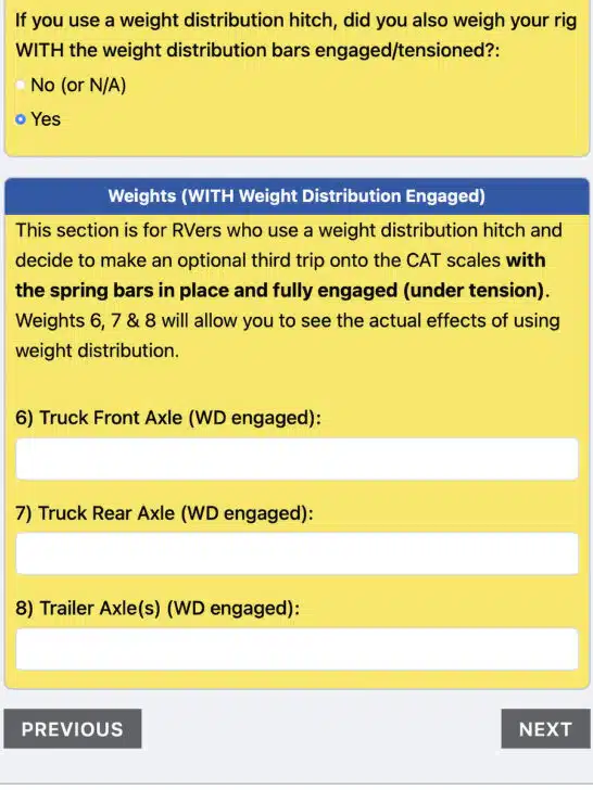 The section of our calculator tool where you enter weight distribution numbers
